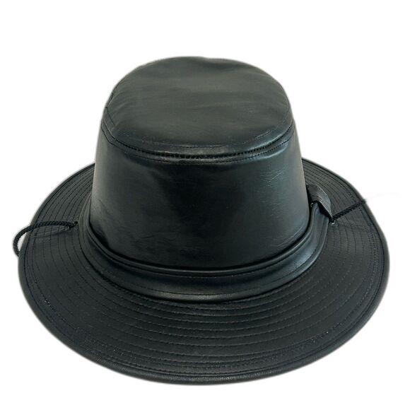 Vintage Leather Accessories - Vintage Fedora Hat Women's Size Med Color Black Leather USA Attached chin strap